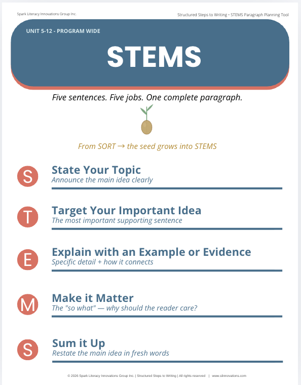 The STEMS paragraph framework: state your topic, target your idea, explain with an example, make it matter, sum it up
